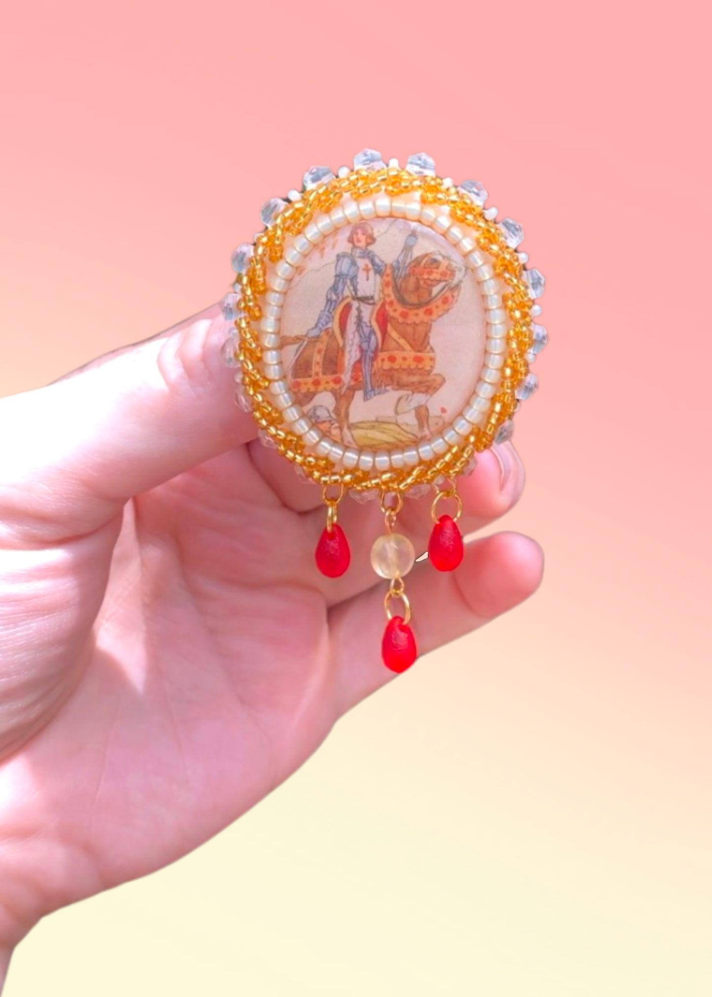 Joan of Arc Cigarette Card Beaded Brooch